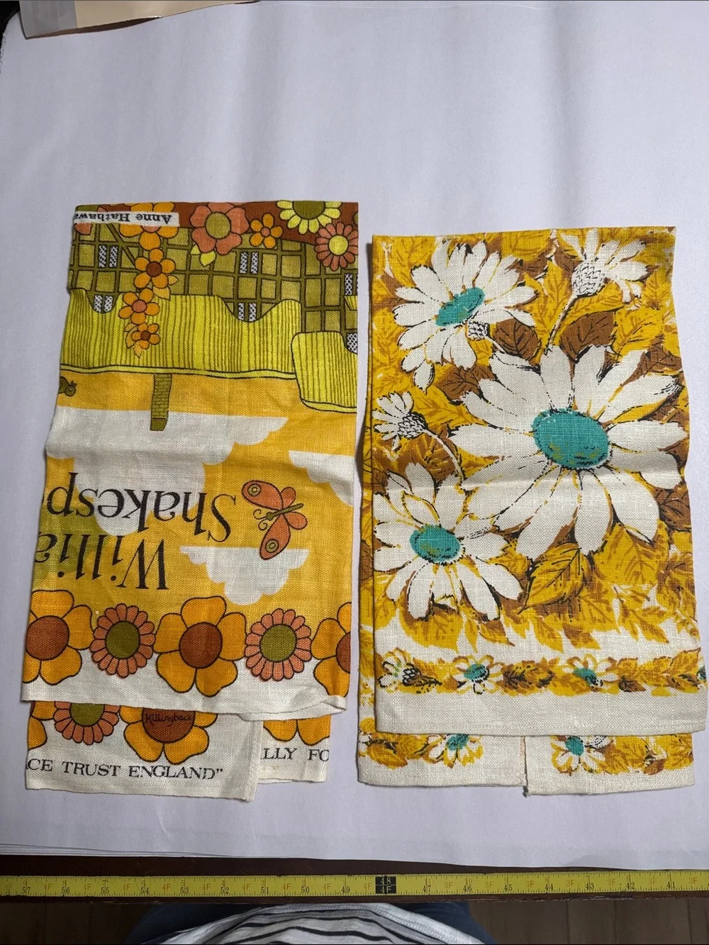 Pair of Vintage Floral & Shakespeare Tudor Linen Tea Towels 1960s 1970s Retro